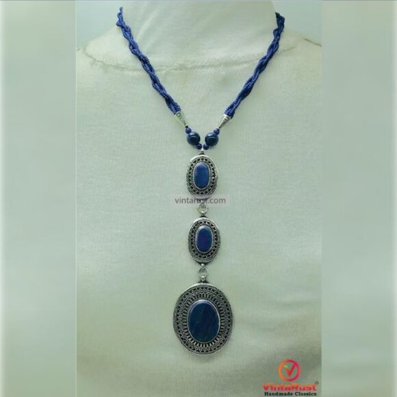 Lapis lazuli Necklace with Three Dangling Lapis Pendants, Gemstone Necklace - Picture 1 of 10
